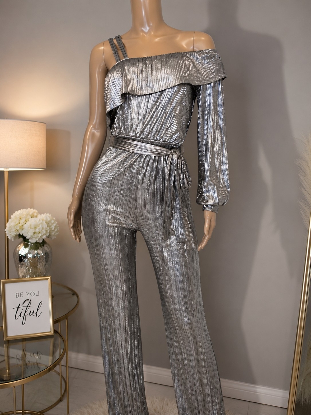 Justice Metallic Silver One-Shoulder Jumpsuit with Waist Tie